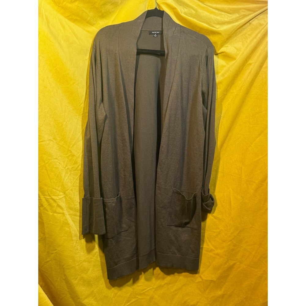 Verve Ami Women 1X Olive Green Open Front Longline Cardigan Sweater Pockets